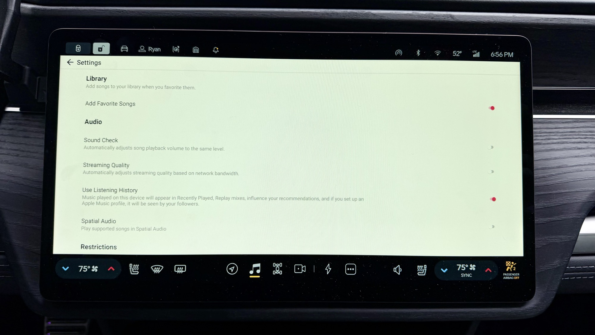 Apple Music settings in Rivian