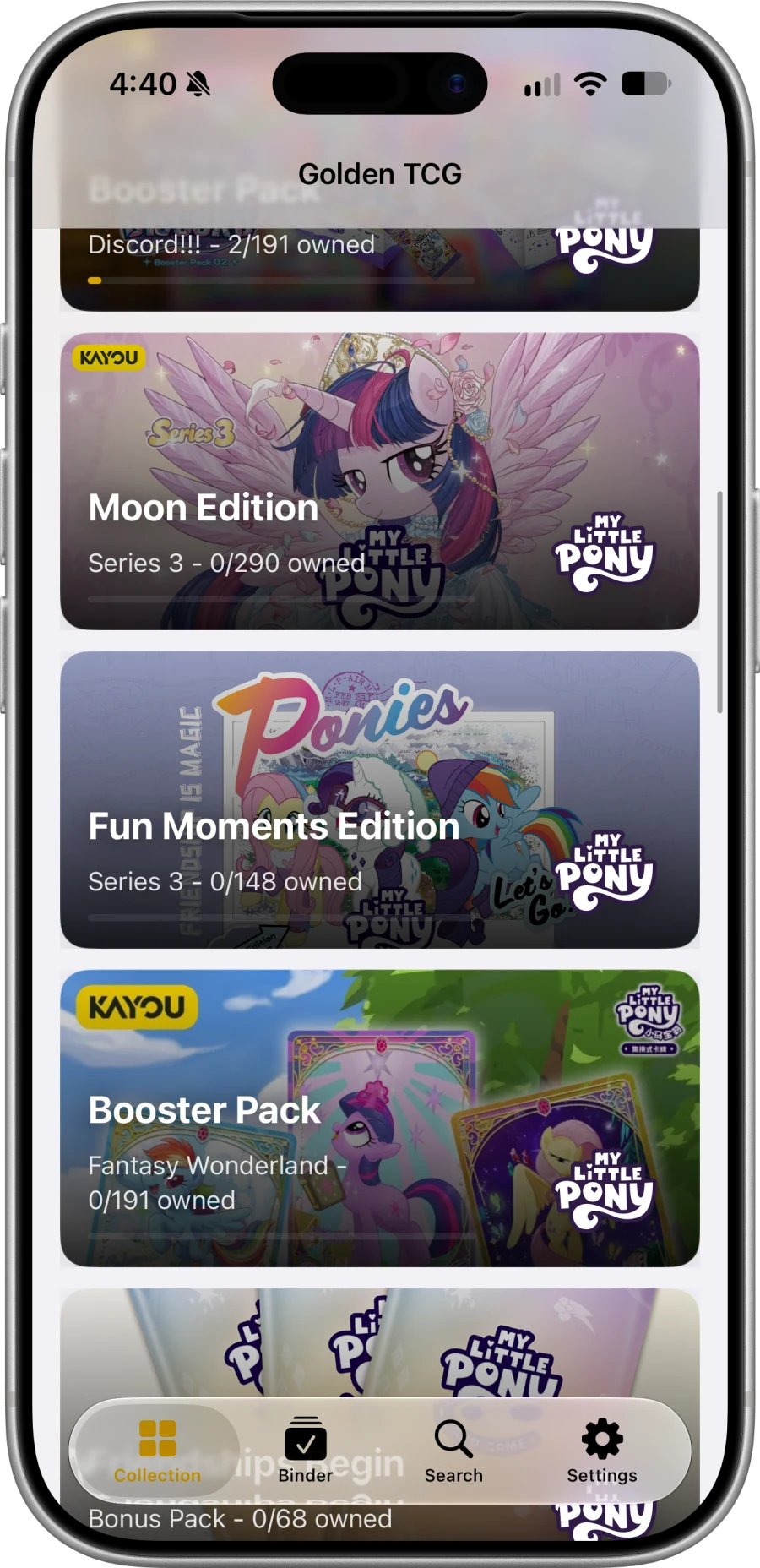 My Little Pony sets and collection progress in Golden TCG