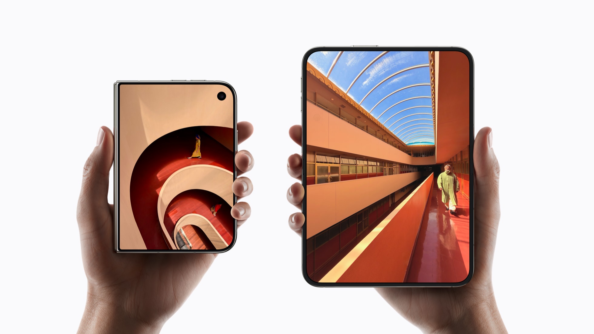 An iPhone Duo held closed beside another held open, showing the two display sizes