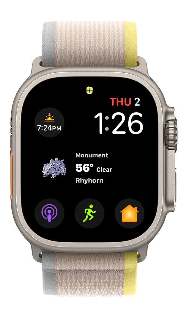 Skydex on Apple Watch showing watch face support with Rhyhorn weather details