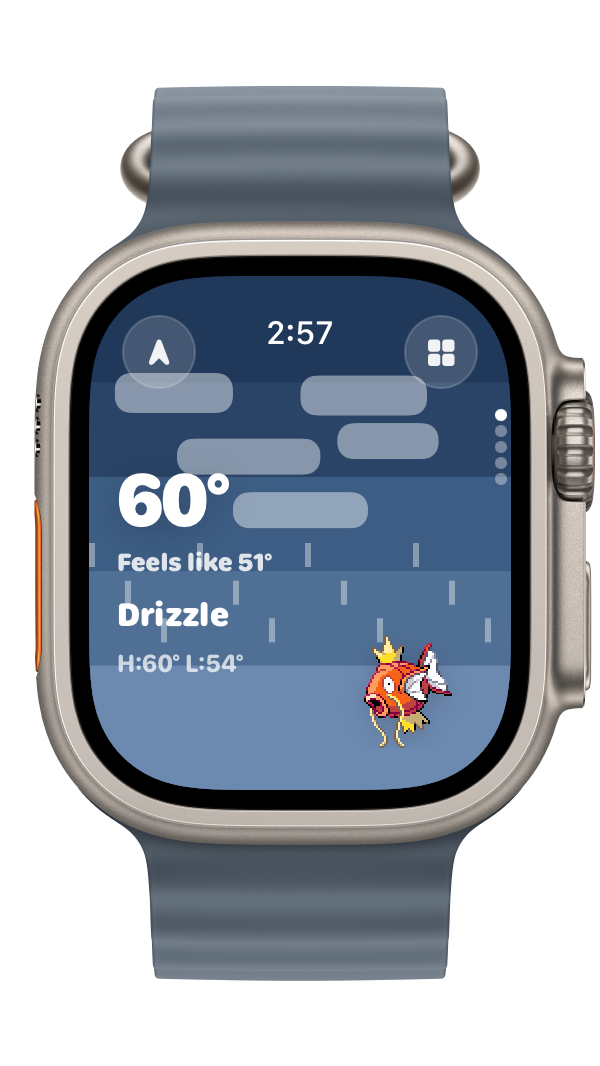 Skydex on Apple Watch showing drizzle conditions and Magikarp encounter