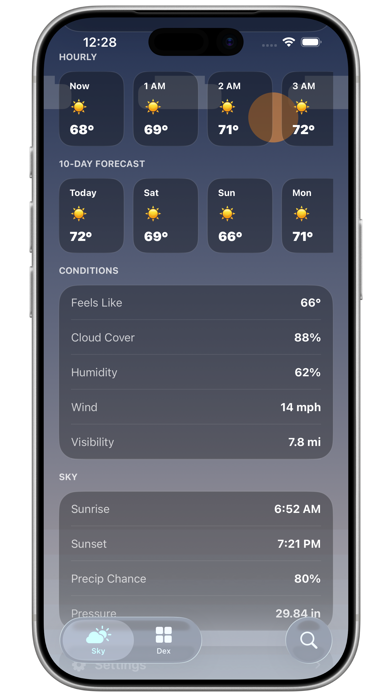 Skydex hourly forecast and weather conditions screen