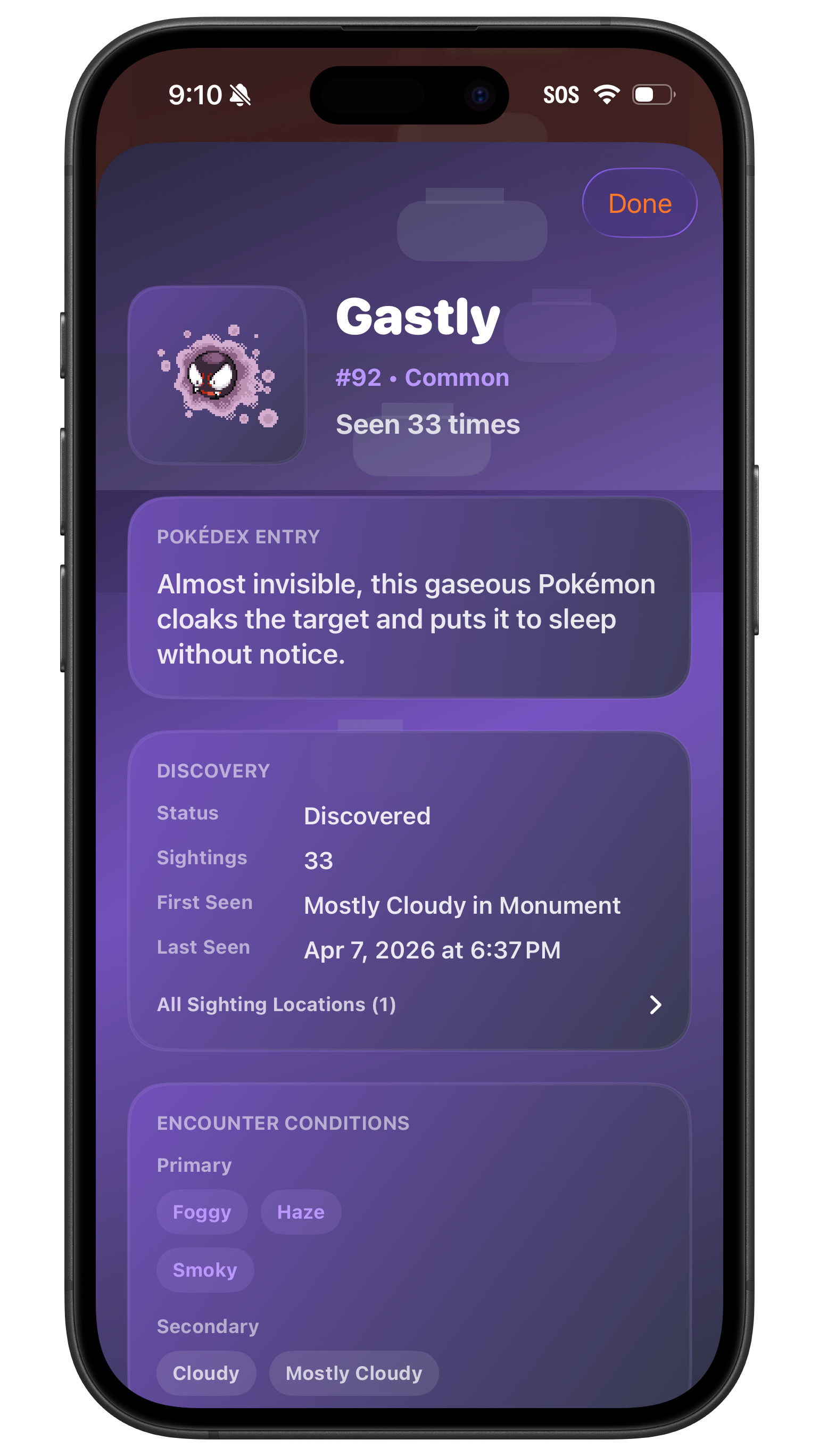 Skydex Gastly detail view showing discovery history and encounter conditions