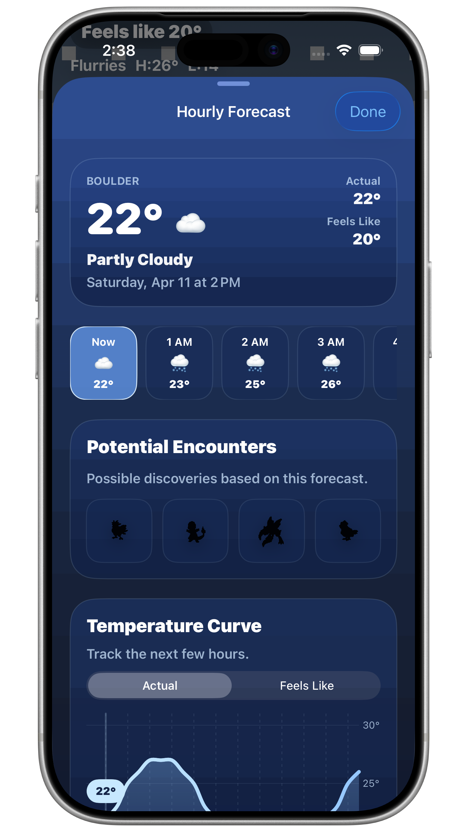 Skydex hourly forecast screen showing Boulder conditions and potential encounters