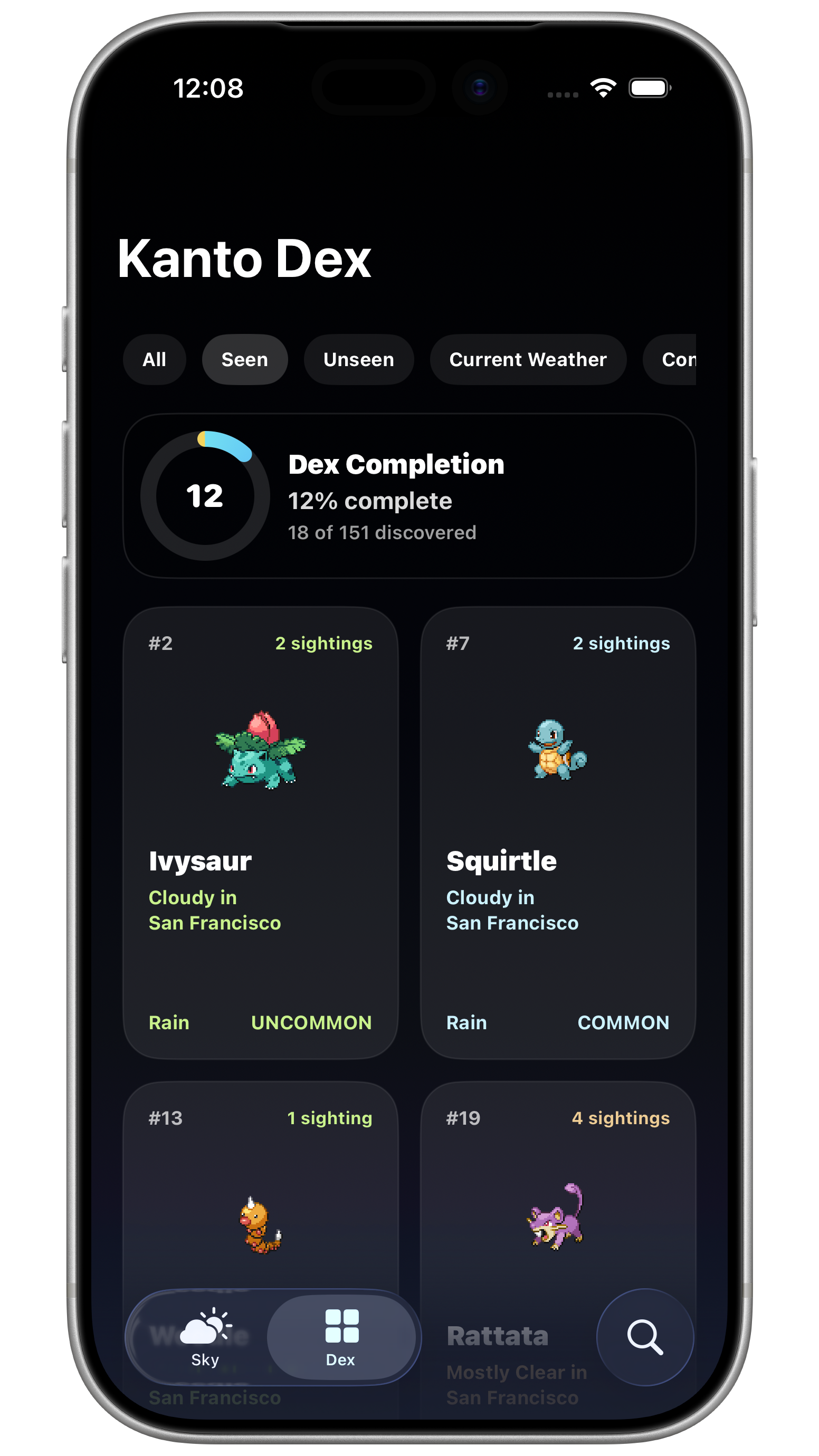 Skydex Kanto Dex progress screen