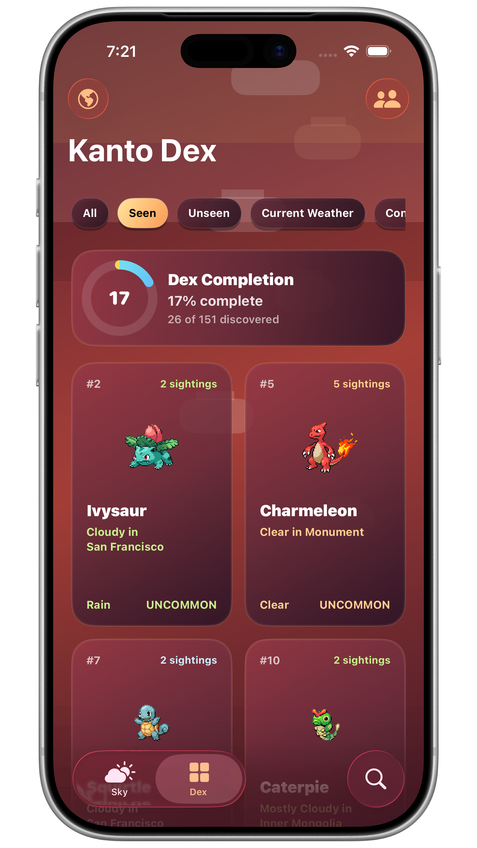 Skydex Kanto Dex progress screen with seen Pokemon and completion tracking