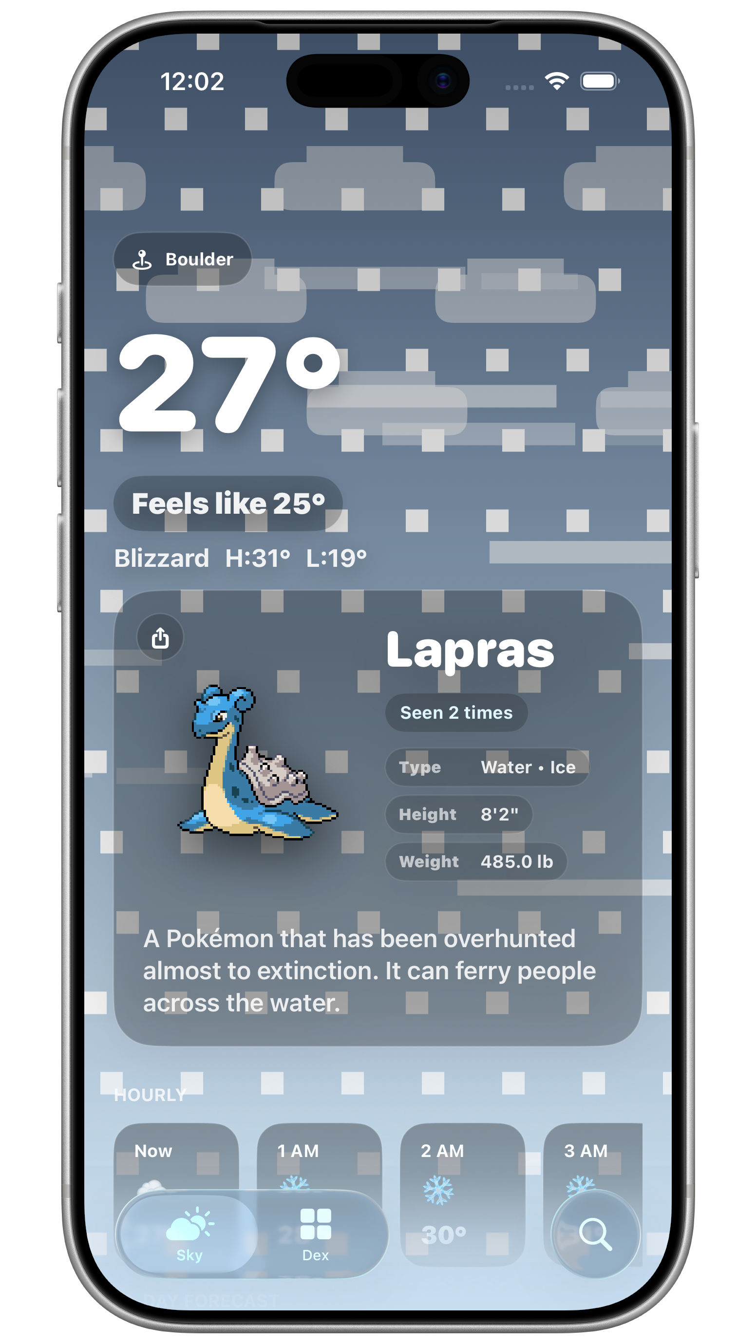Skydex blizzard weather encounter featuring Lapras